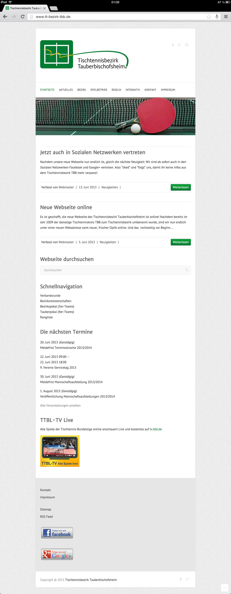 Die TT-Bezirk TBB Webseite auf einem iPad. Bild: Die TT-Bezirk TBB Webseite auf einem iPad.